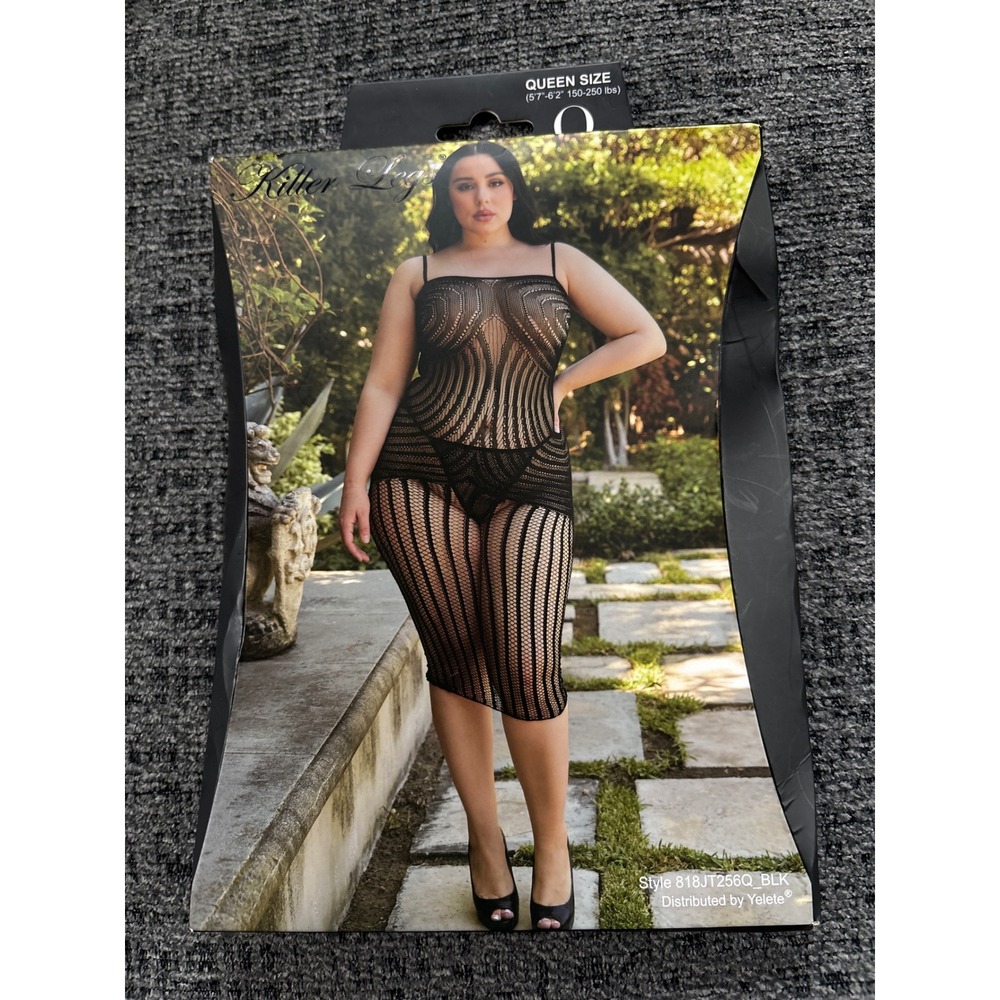 Killer Legs Black Striped Fishnet Chemise Dress Queen Size _BLK Lingerie